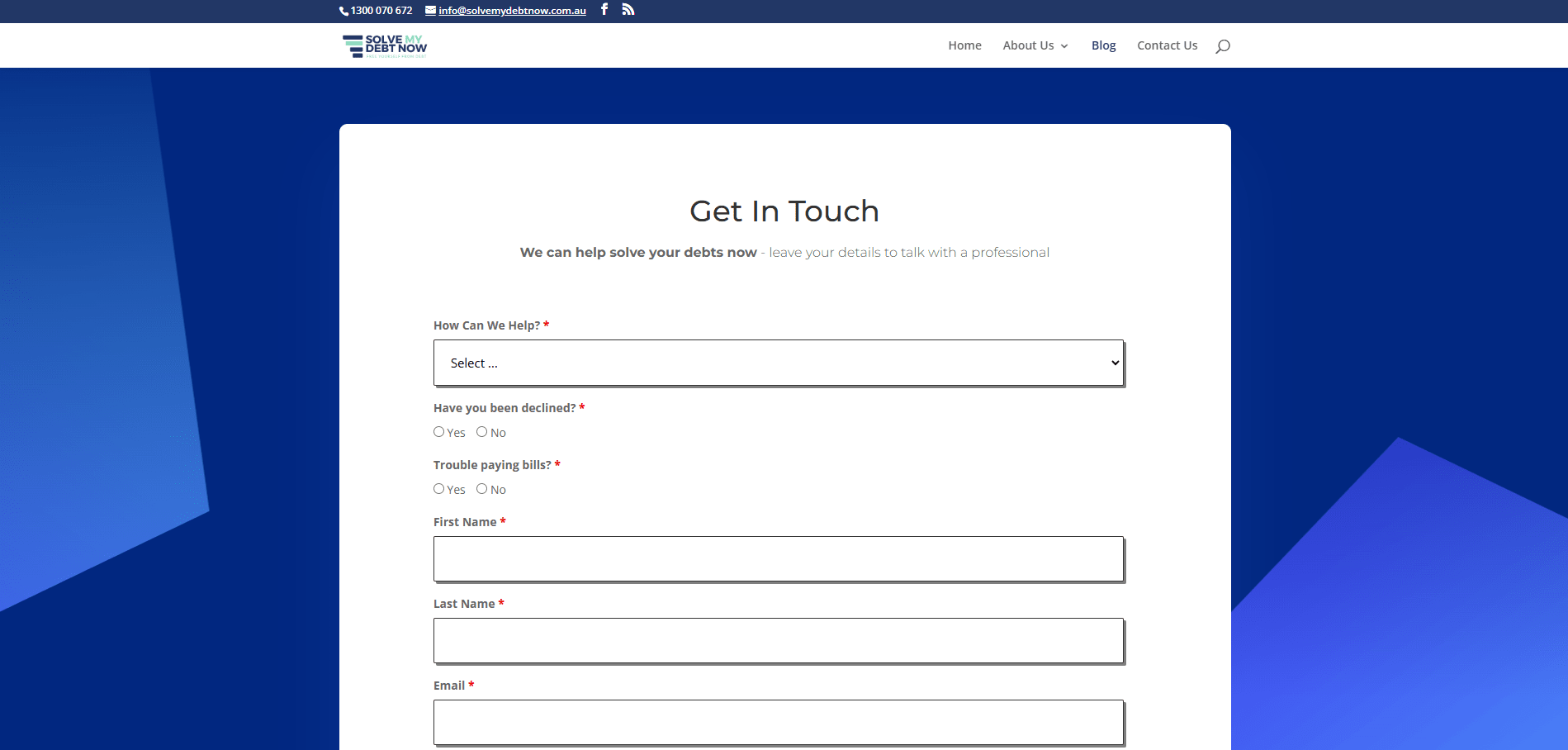 SolveMyDebtNow Get-in-touch form Implementation Screenshot
