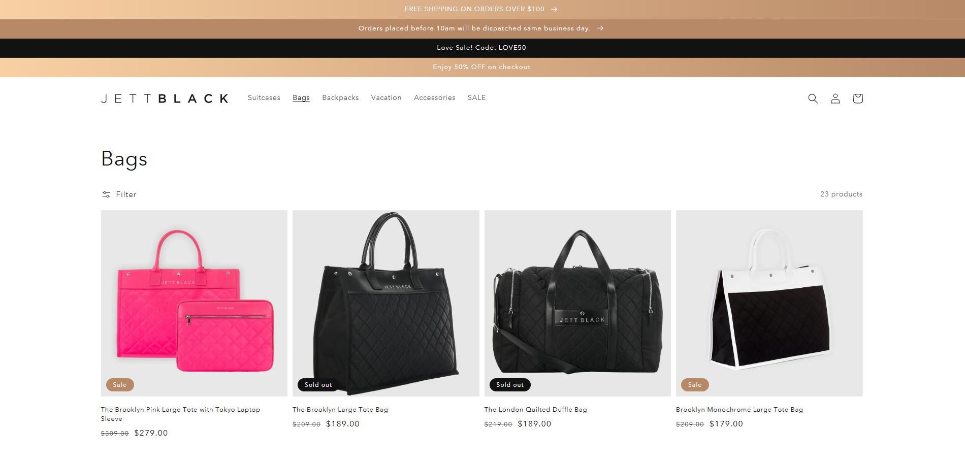 Jett Black BAGS Collection page Implementation Screenshot