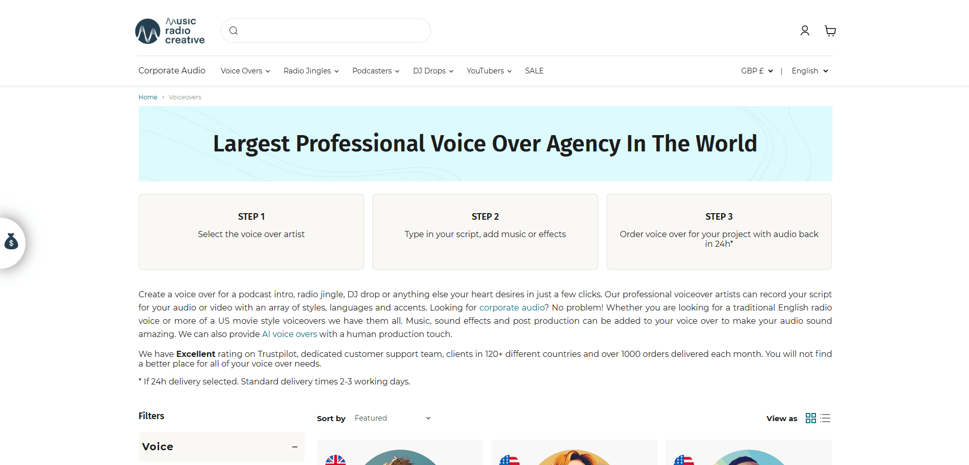 Music radio creative voiceover Collection Page Implementation Screenshot