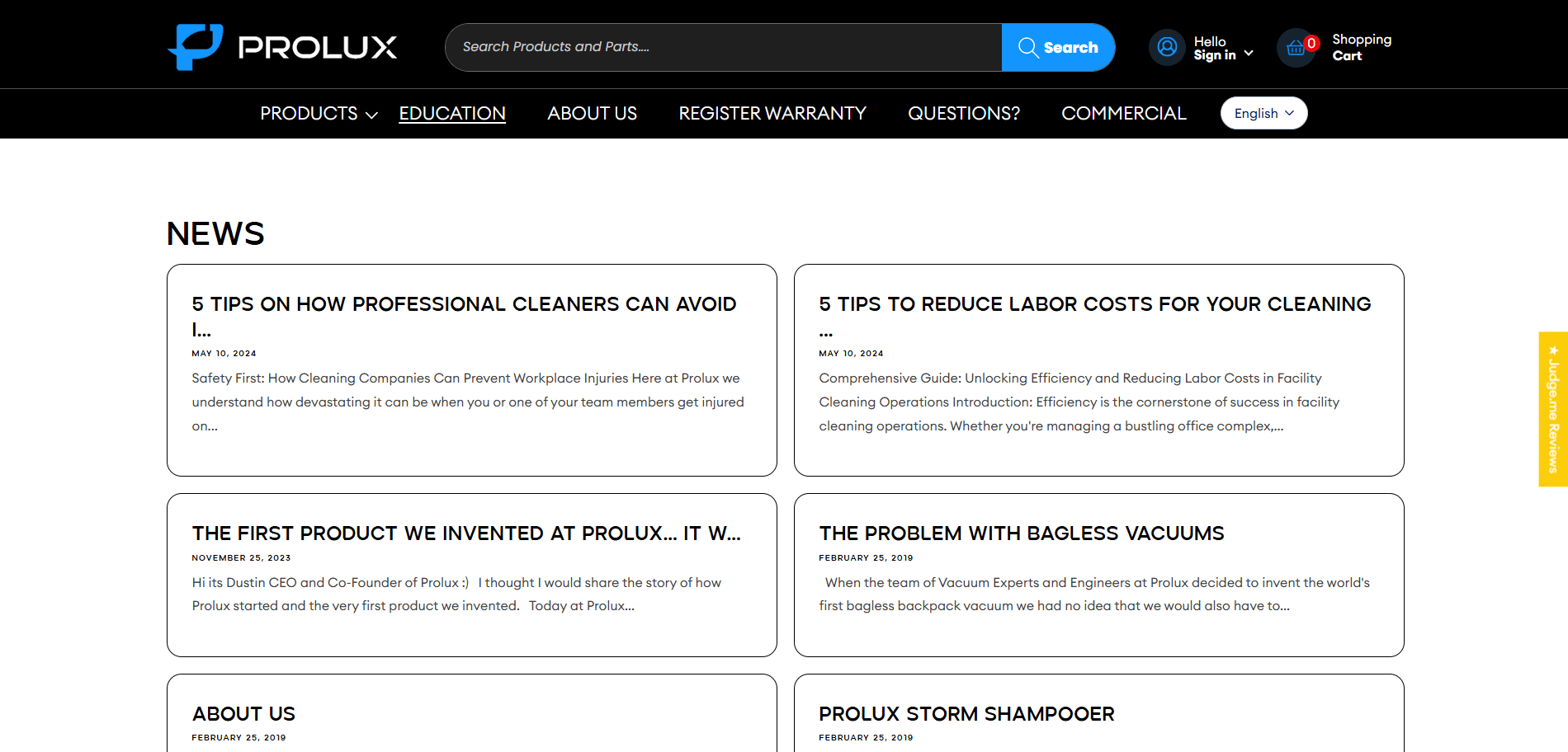 Prolux Cleaners blog page Implementation Screenshot