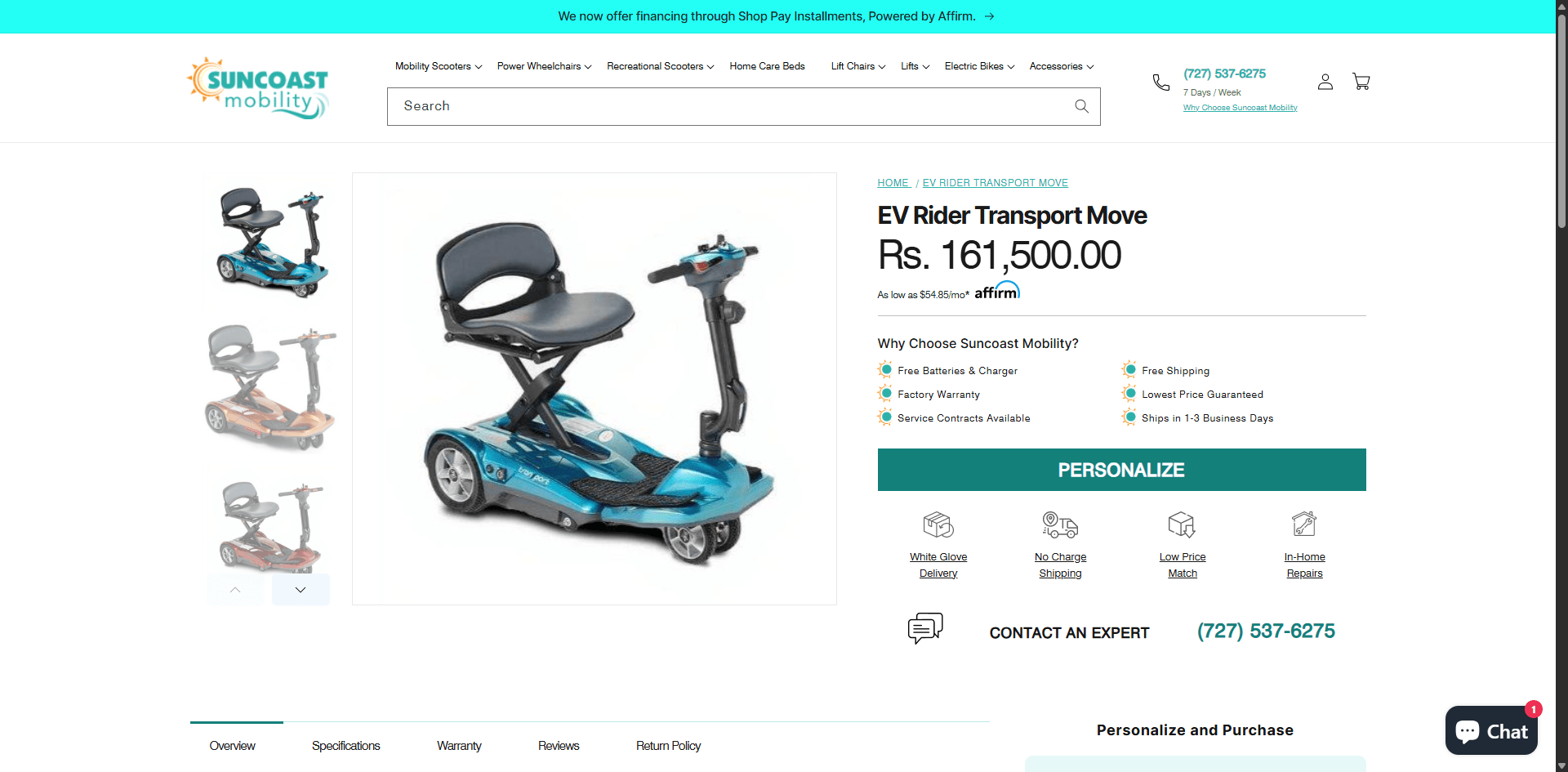 Suncoast Mobility Product page Implementation Screenshot