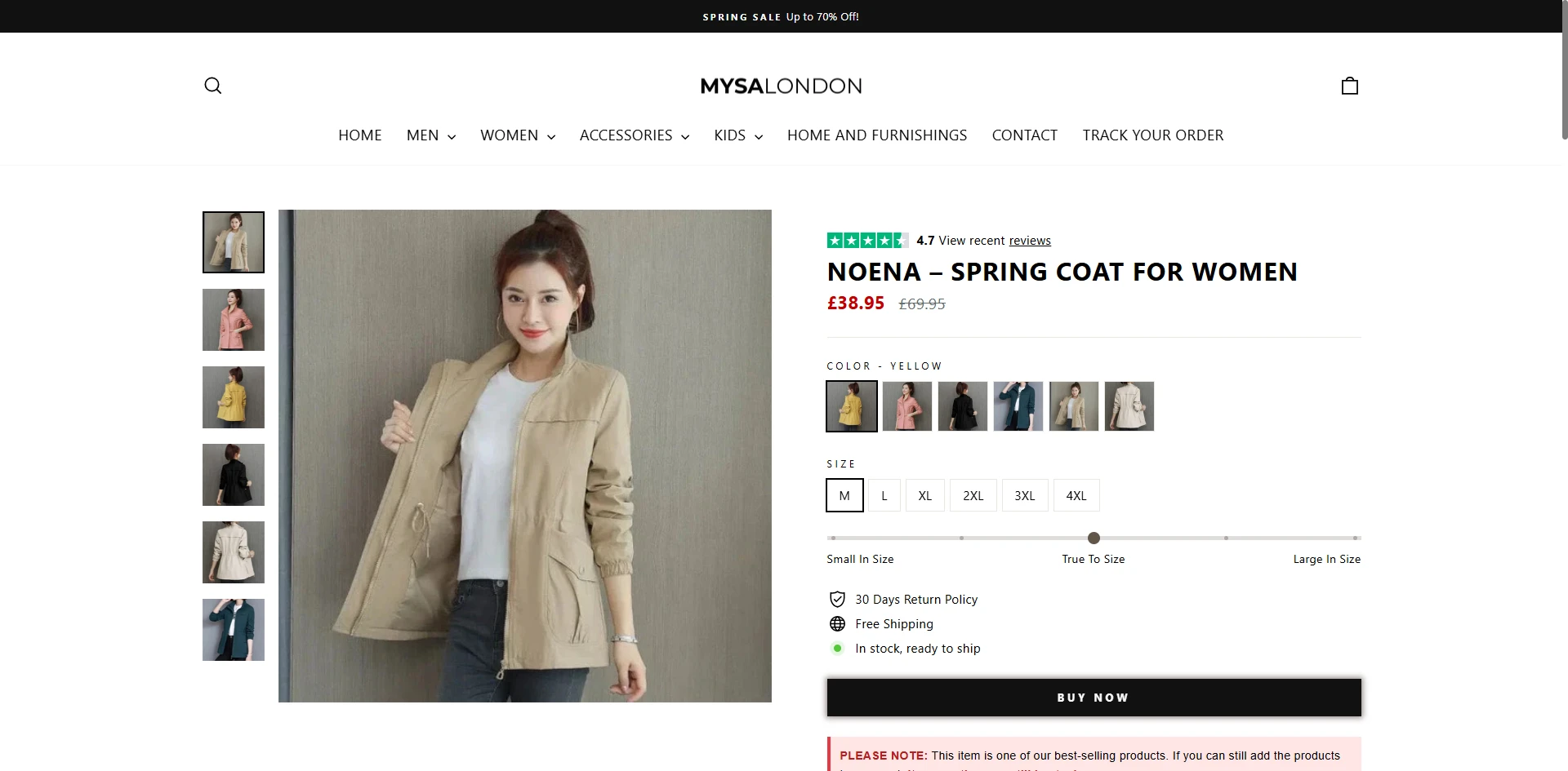 Mysa-london Product Page Implementation Screenshot