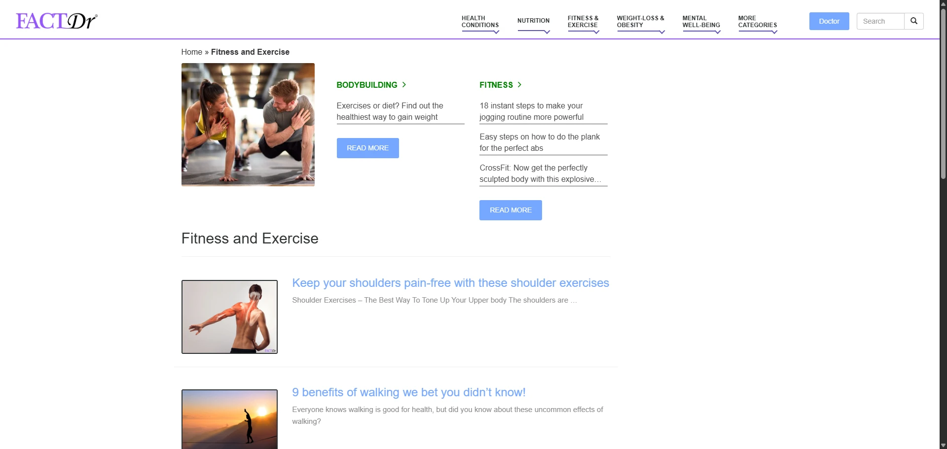 FactDr Fitness and Exercise page Implementation Screenshot